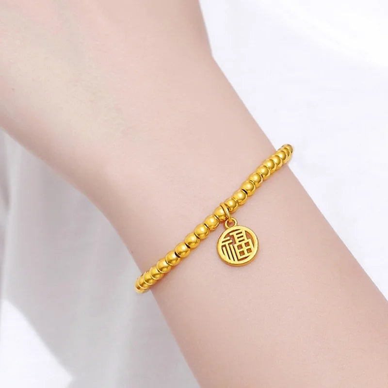24K Pure Lucky Bead Bracelet Necklace for Women Bride Wedding Engagement