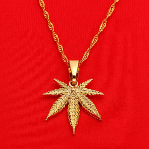 24K Yellow Gold Weed Leaf Pendant Necklace