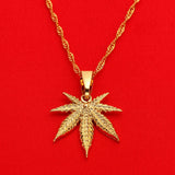 24K Yellow Gold Weed Leaf Pendant Necklace