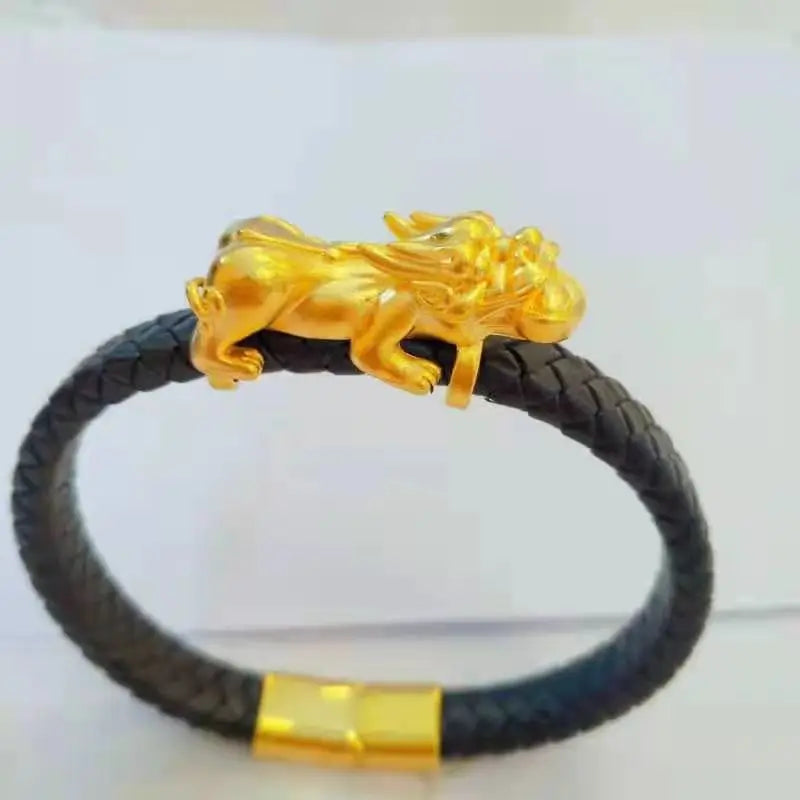 24K Yellow Leopard Pendant Men's Bracelet Tough Guy Bangle