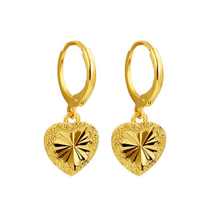 Romantic Heart Drop Earring 24K Yellow Gold Women's Jewelry