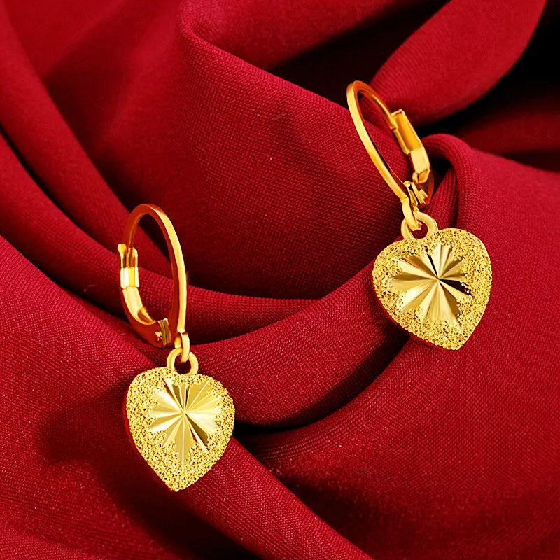 Romantic Heart Drop Earring 24K Yellow Gold Women's Jewelry