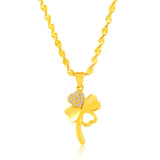 24K Yellow Water Wave Chain Necklace with Clover Pendant