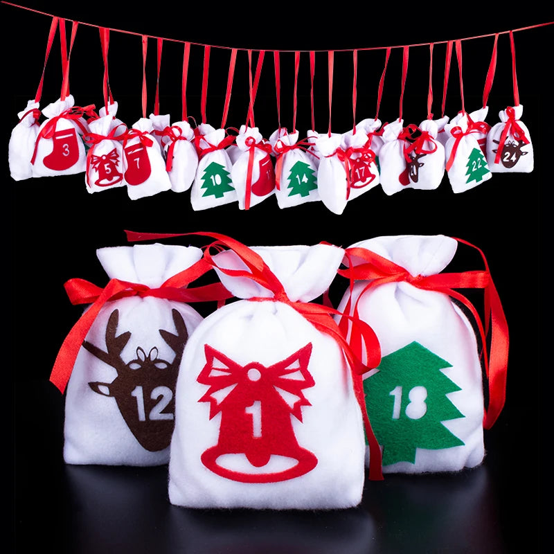 24PCS Christmas Advent Calendar Countdown Bag Sack Hanging Gift Pouch