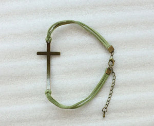 24PCS Antique Bronze Cross Link Green Velvet Bracelets