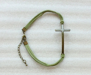 24PCS Antique Bronze Cross Link Green Velvet Bracelets