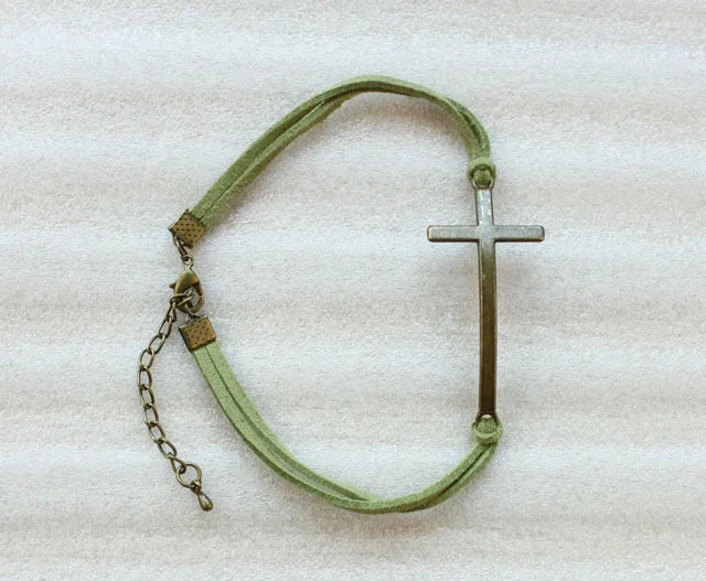 24PCS Antique Bronze Cross Link Green Velvet Bracelets