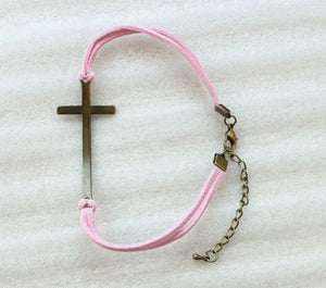 24PCS Antiqued Bronze Cross Link Pink Velvet Bracelets