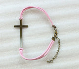 24PCS Antiqued Bronze Cross Link Pink Velvet Bracelets