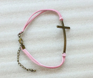 24PCS Antiqued Bronze Cross Link Pink Velvet Bracelets