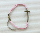 24PCS Antiqued Bronze Cross Link Pink Velvet Bracelets