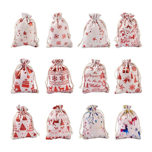 24Pcs Christmas Jute Gift Bags Cotton Fabric Cloth Bags Drawstring Pouches