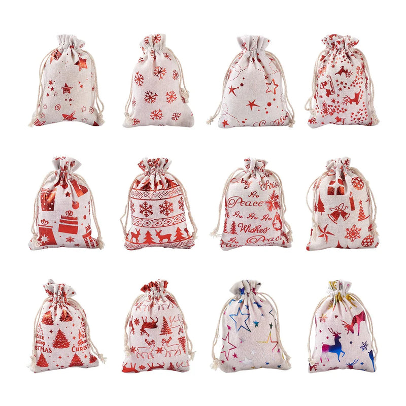 24Pcs Christmas Jute Gift Bags Cotton Fabric Cloth Bags Drawstring Pouches
