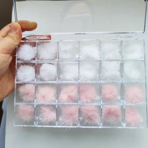 24Pcs Fluffy White+Pink Pom Pons Kit Jewelry Nails Charms