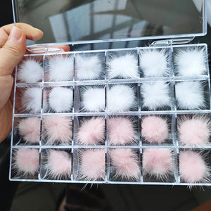 24Pcs Fluffy White+Pink Pom Pons Kit Jewelry Nails Charms