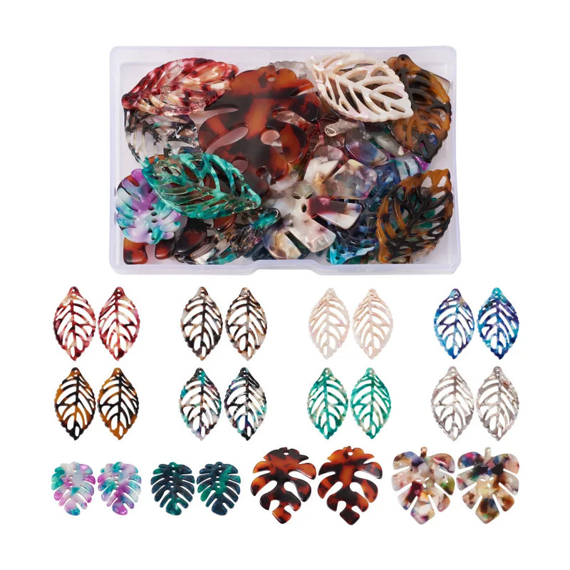 24Pcs Monstera Leaf Cellulose Acetate Resin Pendants Charm for Earrings