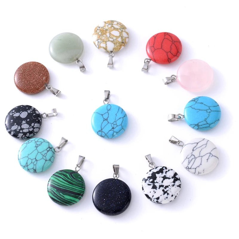 24Pcs Natural Stone Pendant Crystal Agate Turquoise Round Pendants Necklace