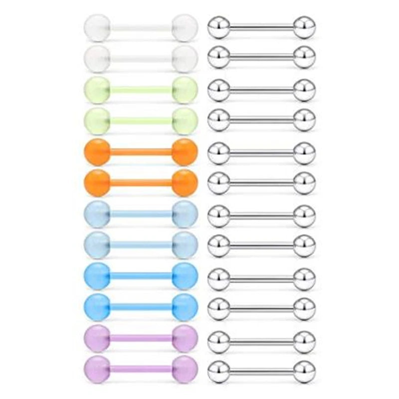 24Pcs Glow in The Dark Nipple Tongue Ring 14G Stainless Steel Acrylic