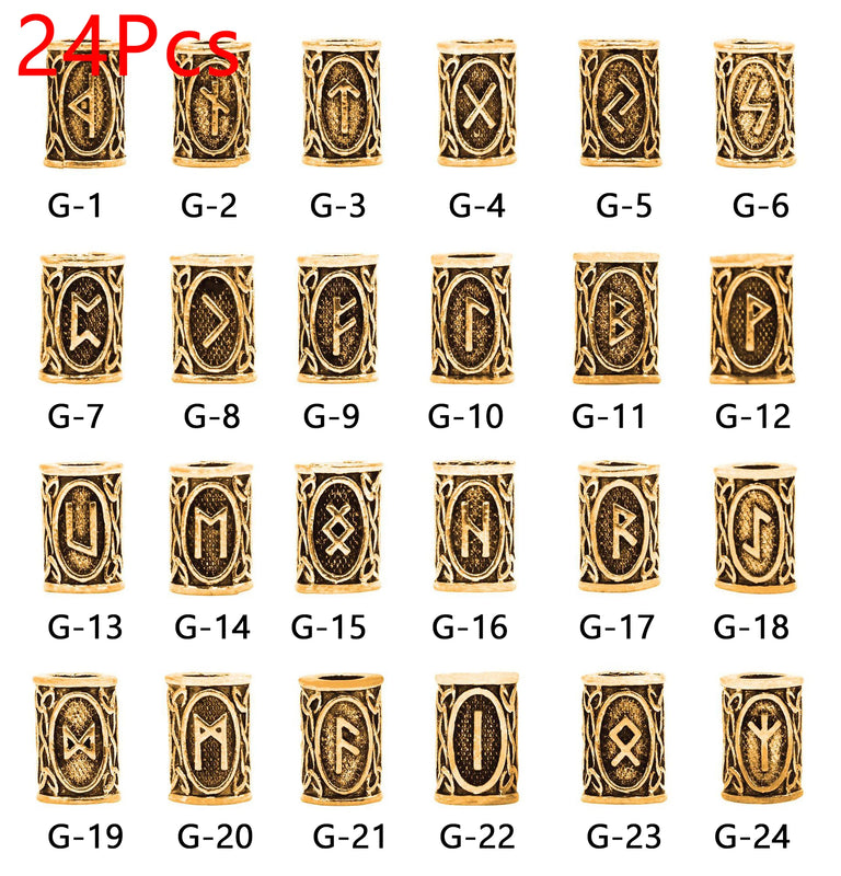 24Pcs Viking Rune Beads & 6Pcs Metal Tube Spacer Hair Tool DIY Necklace Jewelry
