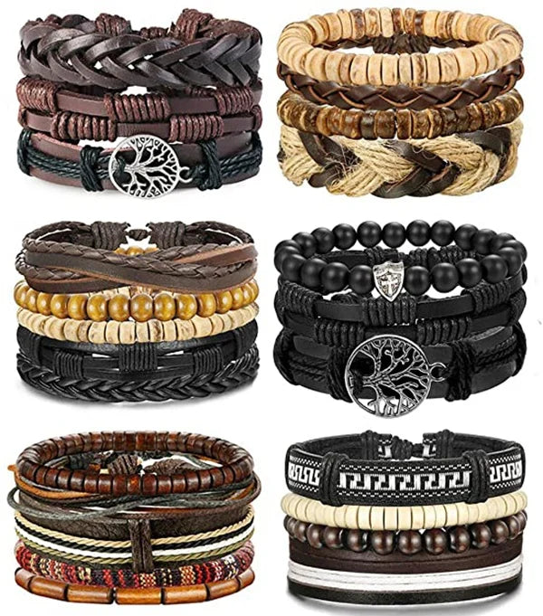 24Pcs Vintage Woven Leather Bracelets Men Women Adjustable