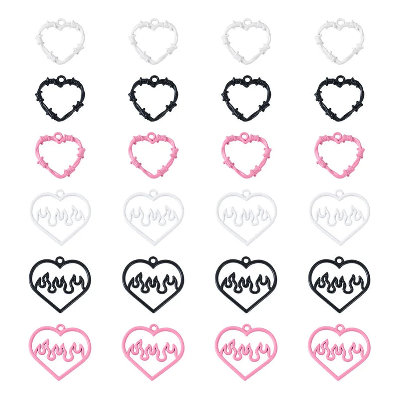 24Pcs Zinc Alloy Heart Pendants Bezel Hollow Heart Charms Pink
