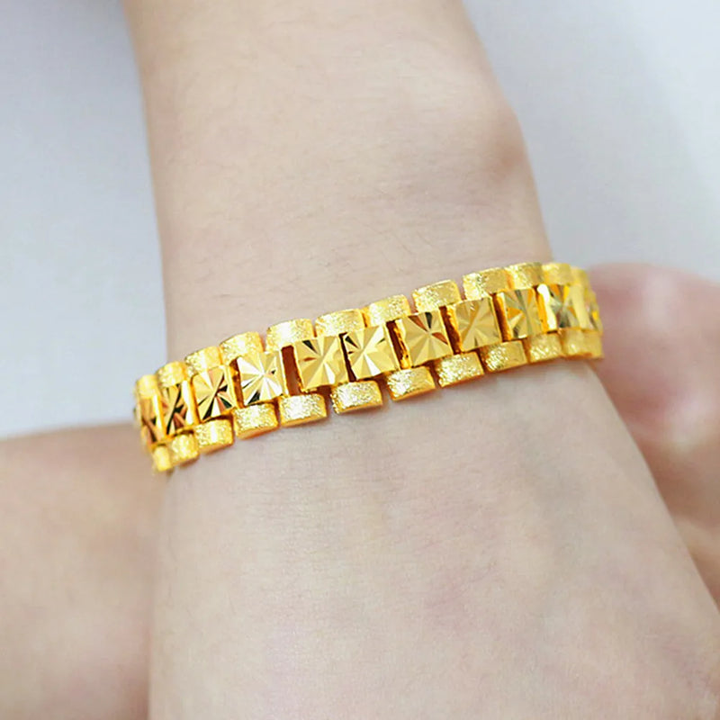 24k Coin Carving Bangle Chain Bracelet Men Women