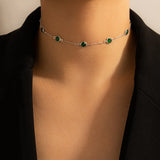 24k Plated Green Rhinestone Necklace for Women Single Layer Chain