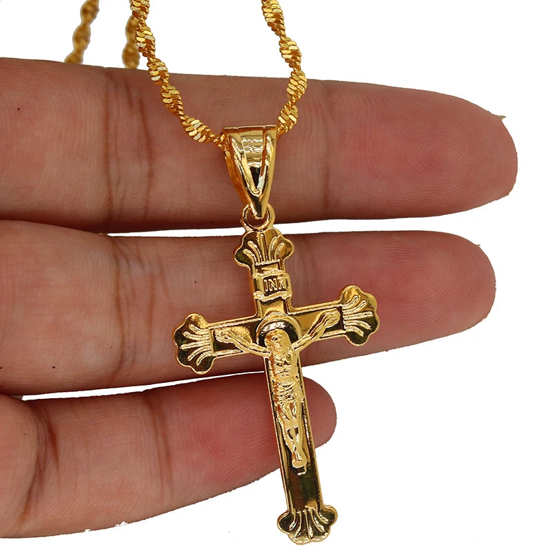 24k Plated Pendant Necklace African Men Christmas Jewelry Jesus Cross Pendant