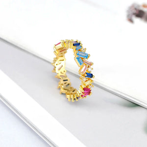 24k Gold-Plated Silver INS Rainbow Zircon Ring Women Crystal CZ Fine Jewelry