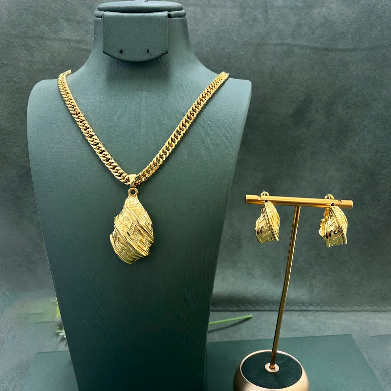 24k Plated Copper Chain Ring Sets Earrings Pendent Necklace for Women