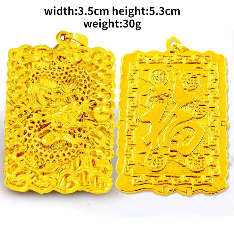24k Dragon Embossed Tag Pendant Necklace Men Chain Jewelry Gift