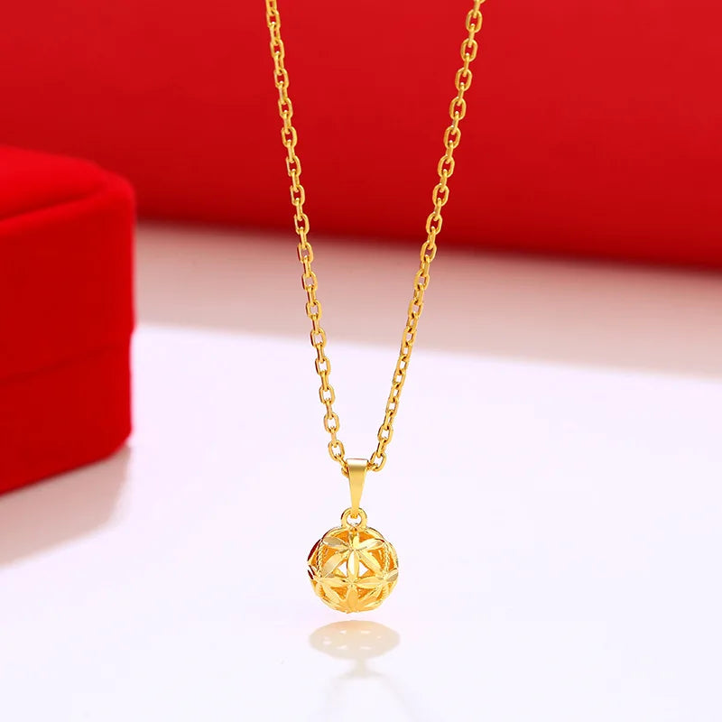 24k Yellow Hollow Lucky Beads Necklace for Women Chocker Chain Jewelry