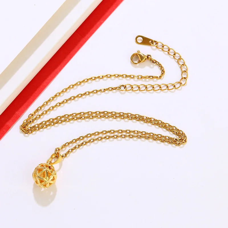 24k Yellow Hollow Lucky Beads Necklace for Women Chocker Chain Jewelry