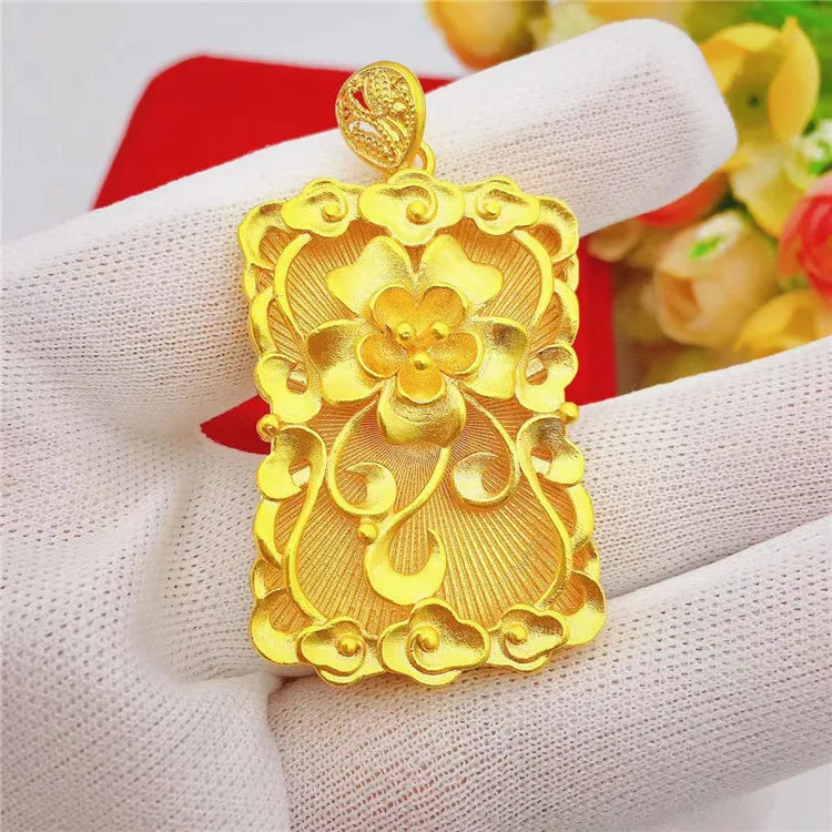 24k Pure Yellow Square Flower Pendant Necklace for Men Women
