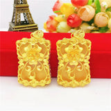 24k Pure Yellow Square Flower Pendant Necklace for Men Women