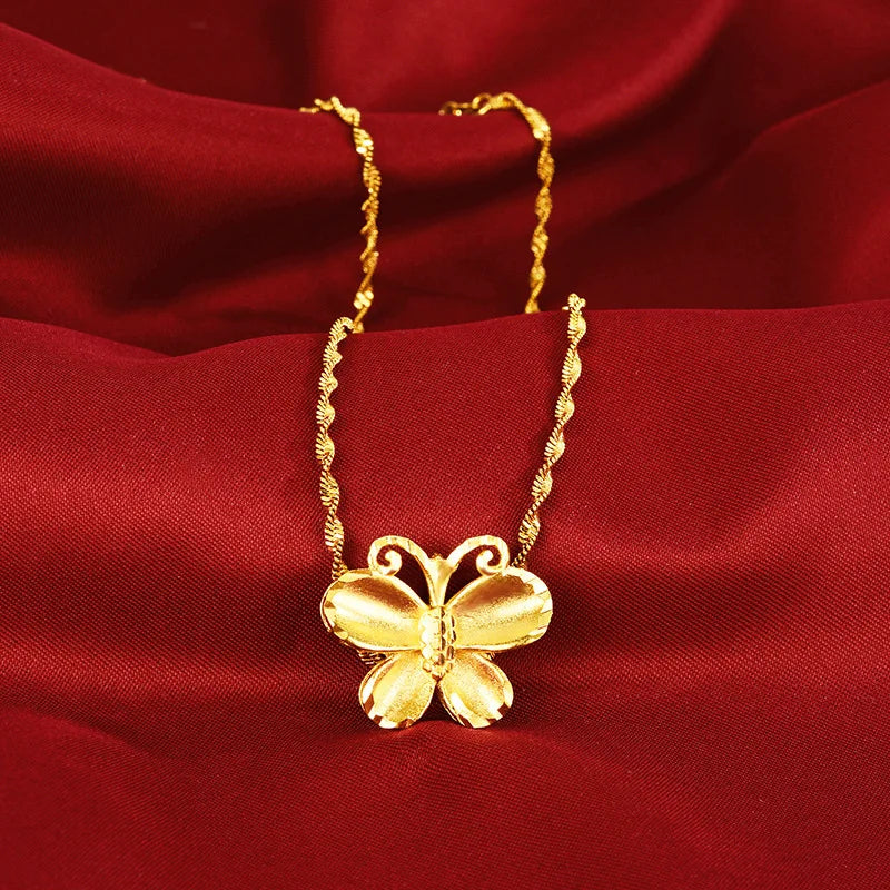 24k Yellow Butterfly Necklace Women's Pure Chain Jewelry