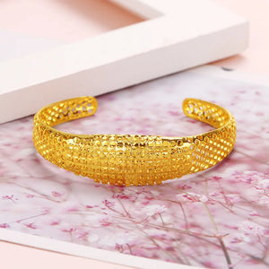 24k Yellow Open Bracelet Wide Brass Plated Gypsophila Ring for Women