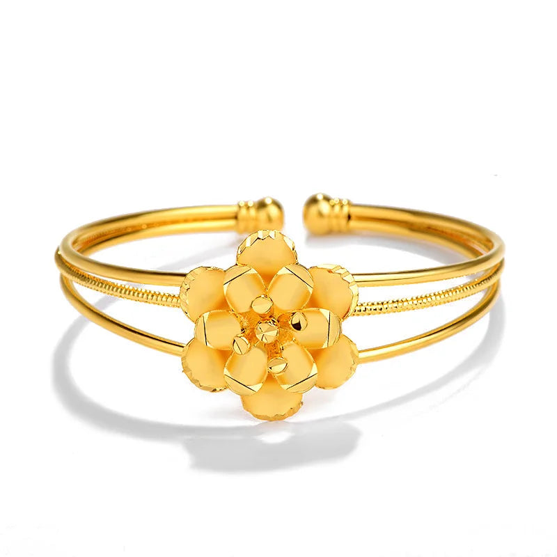 24k Yellow Flowers Open Bangle Wedding Anniversary Jewelry