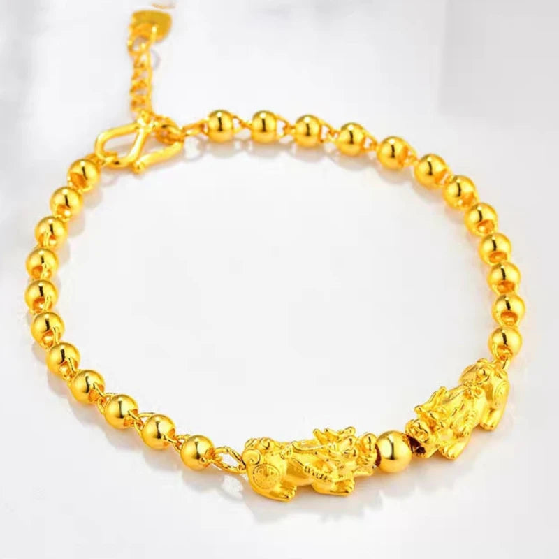 24k Yellow Plated Pixiu Lucky Bead Bracelet for Women