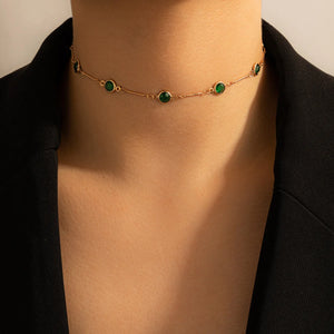 24k Plated Green Rhinestone Necklace Single Layer Clavicle Chain Pendant