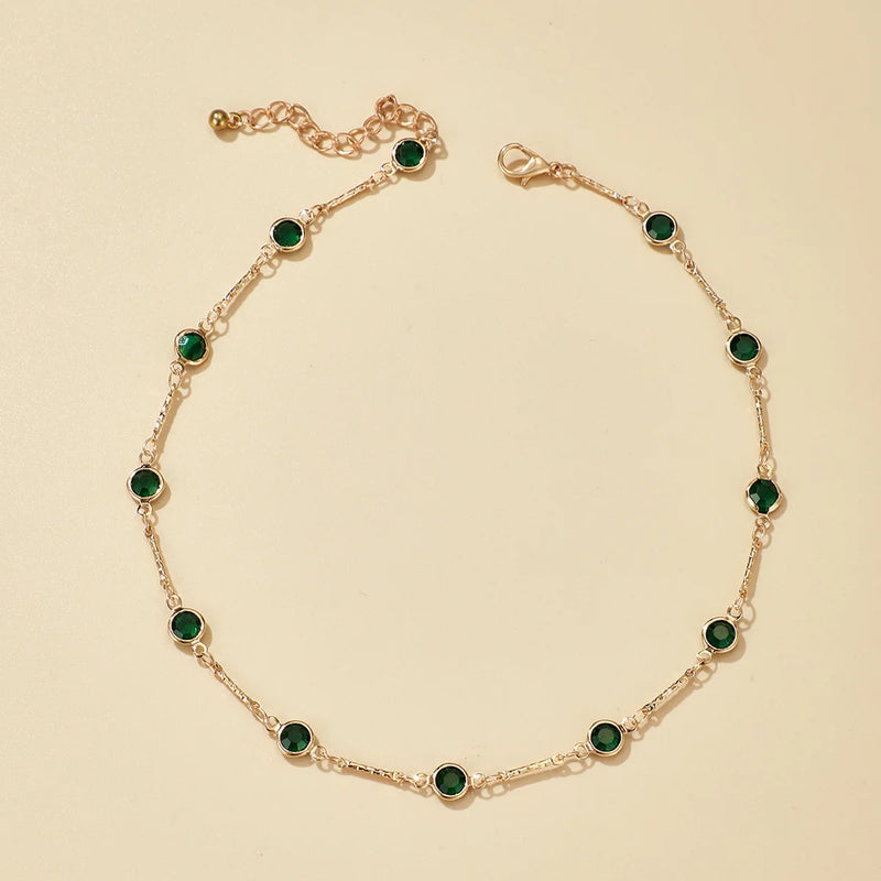 24k Plated Green Rhinestone Necklace Single Layer Clavicle Chain Pendant