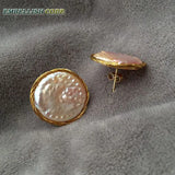 24mm Golden Wire Stud Earrings with Peach Baroque Freshwater Pearls