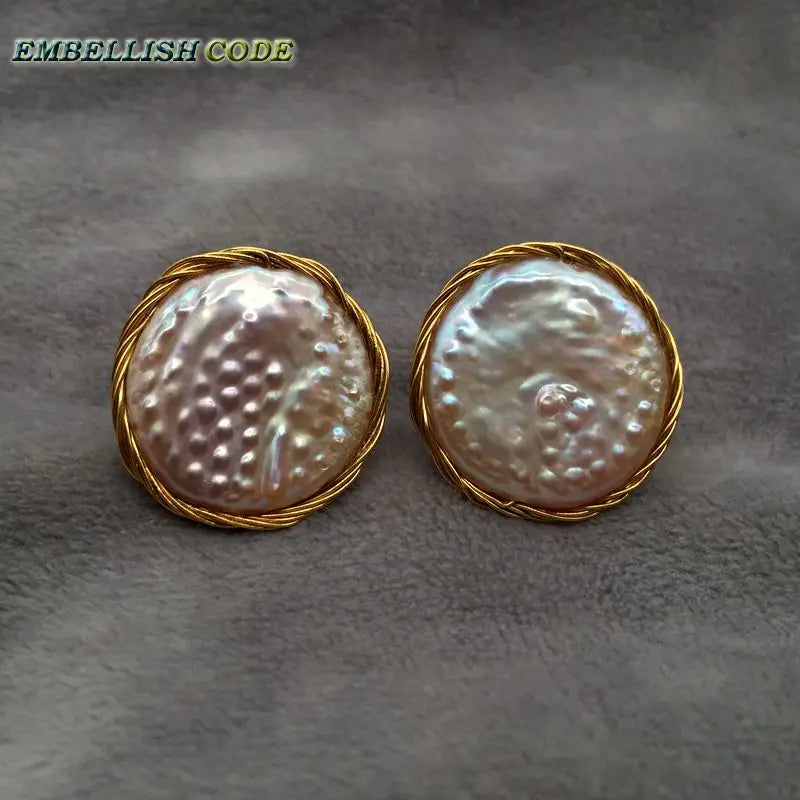 24mm Golden Wire Stud Earrings with Peach Baroque Freshwater Pearls