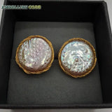 24mm Golden Wire Stud Earrings with Peach Baroque Freshwater Pearls