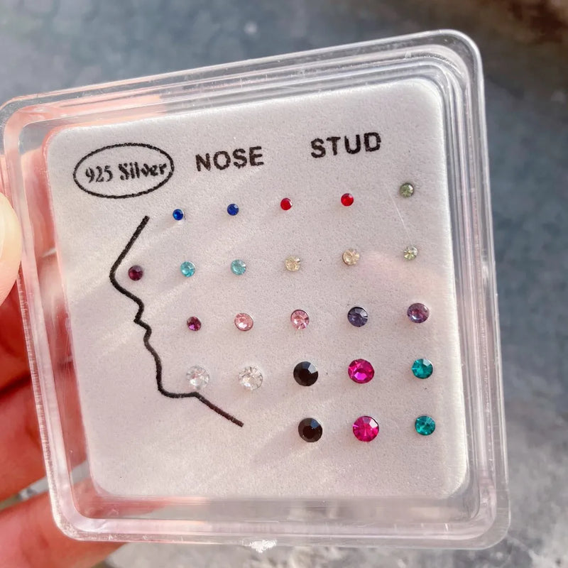 24pcs 22G Crystal 925 Silver Nose Rings Studs 1.5-3mm Piercing Jewelry