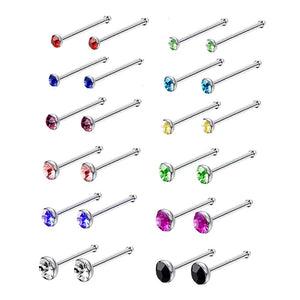 24pcs 22G Crystal 925 Silver Nose Rings Studs 1.5-3mm Piercing Jewelry