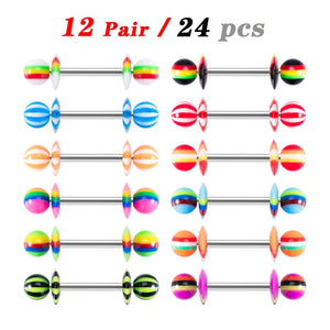 24pcs Colourful Tongue Barbell Piercing Nipple Ring Ear Cartilage Bar 14G