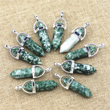 24pcs Natural Green Dot Stone Charms Hexagonal Healing Reiki Point Pendants