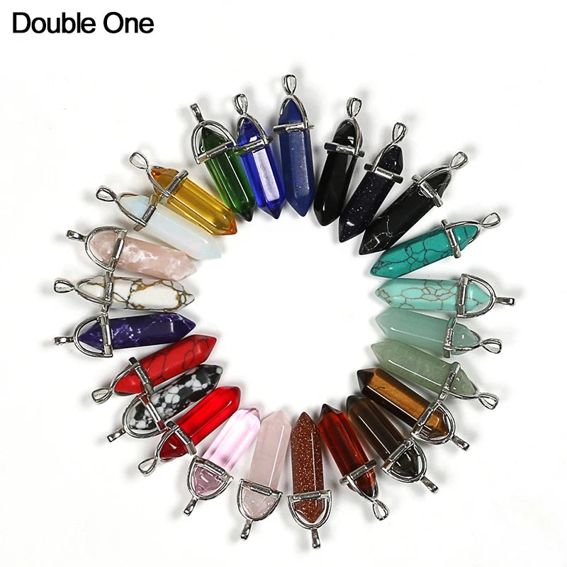 24pcs Healing Pointed Chakra Pendants Hexagonal Quartz Crystals DIY Charm Beads