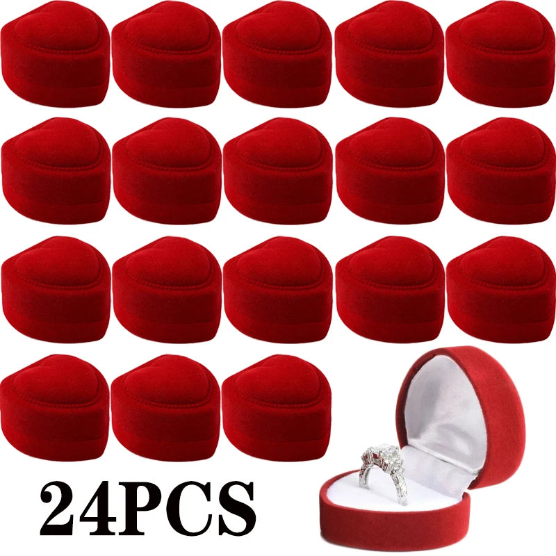 24pcs Red Velvet Heart Ring Box Jewelry Display Case Holder Gift Boxes